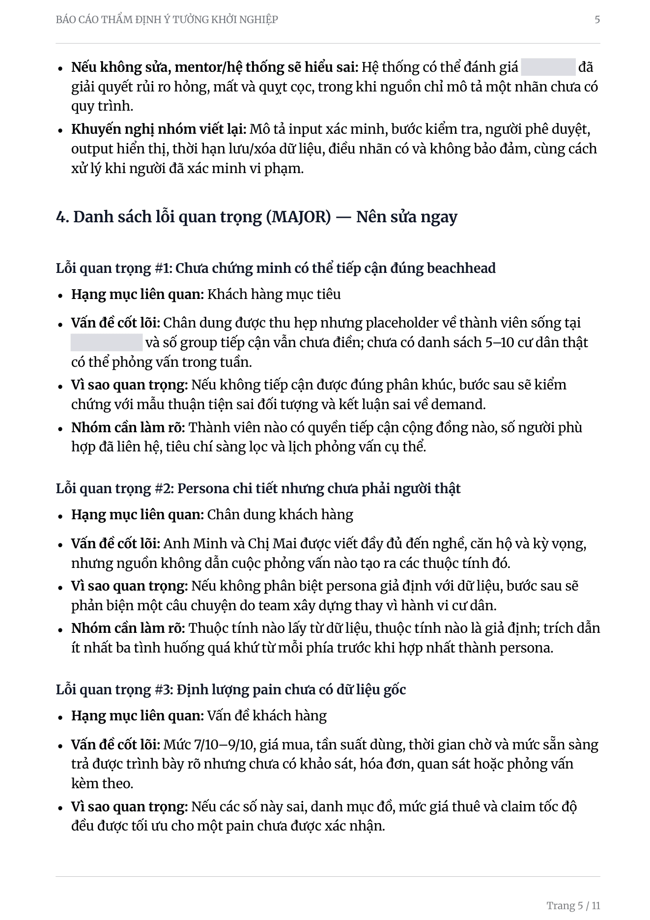 Danh sách lỗi quan trọng (MAJOR) của báo cáo mẫu: ba lỗi, mỗi lỗi nêu hạng mục liên quan, vấn đề cốt lõi, vì sao quan trọng và việc nhóm cần làm rõ.