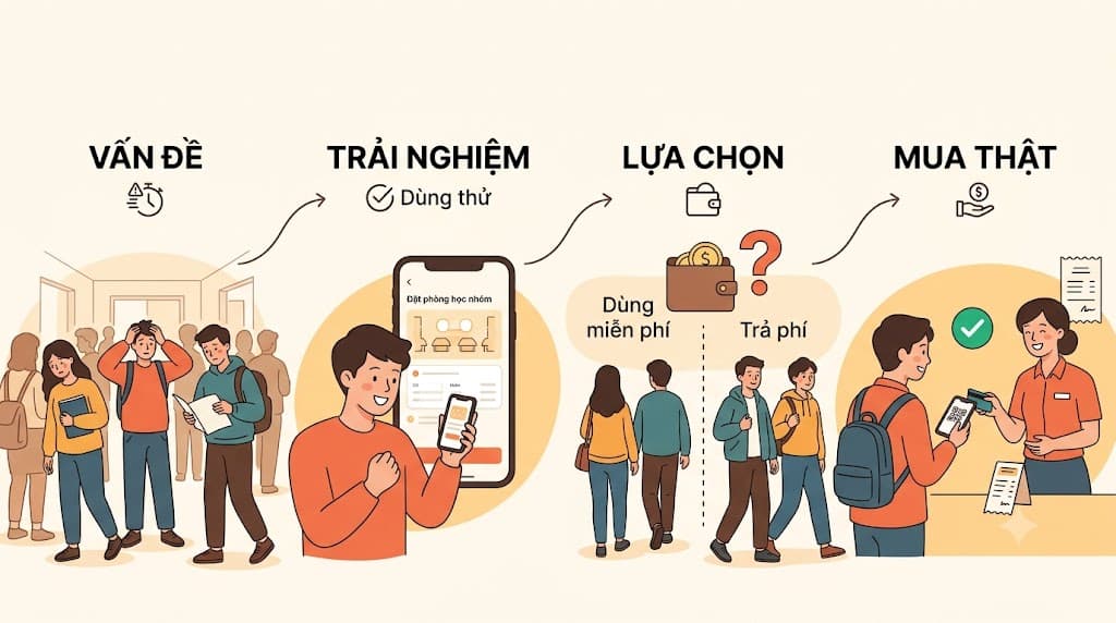 Vấn đề -> trải nghiệm -> lựa chọn -> mua thật